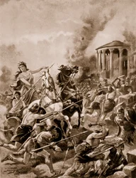 Boudiccas Angriff auf Camulodunum, 60 n. Chr., Illustration aus „Die Geschichte der Nation“